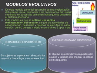 MODELOS EVOLUTIVOS
De este modelo parte del desarrollo de una implantación
del sistema inicial, exponerla a los comentarios del usuario
y refinarla en sucesivas versiones hasta que se desarrolle
el sistema adecuado.
 Este modelo es que se obtiene una rápida
realimentación del usuario, ya que las actividades de
especificación, desarrollo y pruebas se ejecutan en cada
versión, dentro de este modelo encontramos 2 tipos mas:


DESARROLLO EXPLORATORIO

Su objetivo es explorar con el usuario los
requisitos hasta llegar a un sistema final

ENFOQUE UTILIZANDO PROTOTIPOS

El objetivo es entender los requisitos del
usuario y trabajar para mejorar la calidad
de los requisitos.

 