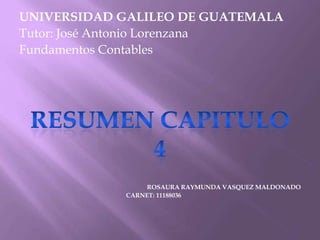 UNIVERSIDAD GALILEO DE GUATEMALA
Tutor: José Antonio Lorenzana
Fundamentos Contables




                 ROSAURA RAYMUNDA VASQUEZ MALDONADO
            CARNET: 11188036
 