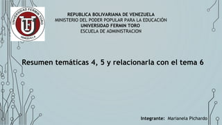 REPUBLICA BOLIVARIANA DE VENEZUELA
MINISTERIO DEL PODER POPULAR PARA LA EDUCACIÓN
UNIVERSIDAD FERMIN TORO
ESCUELA DE ADMINISTRACION
Resumen temáticas 4, 5 y relacionarla con el tema 6
Integrante: Marianela Pichardo
 