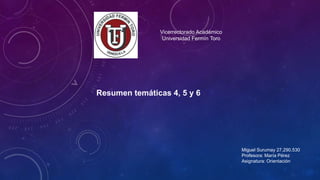 Vicerrectorado Académico
Universidad Fermín Toro
Resumen temáticas 4, 5 y 6
Miguel Surumay 27.290.530
Profesora: María Pérez
Asignatura: Orientación
 