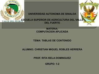 UNIVERSIDAD AUTONOMA DE SINALOA

ESCUELA SUPERIOR DE AGRICULTURA DEL VALLE
               DEL FUERTE

               MATERIA:
         COMPUTACION APLICADA


       TEMA: TABLAS DE CONTENIDO


ALUMNO: CHRISTIAN MIGUEL ROBLES HERRERA


        PROF. RITA ISELA DOMINGUEZ

                GRUPO: 1-2
 