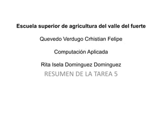 Escuela superior de agricultura del valle del fuerte

         Quevedo Verdugo Crhistian Felipe

               Computación Aplicada

         Rita Isela Dominguez Dominguez
           RESUMEN DE LA TAREA 5
 