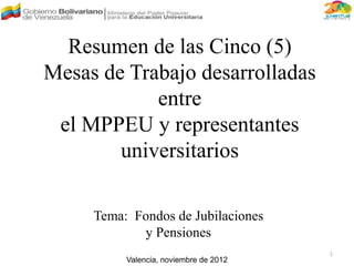 Resumen de las Cinco (5)
Mesas de Trabajo desarrolladas
entre
el MPPEU y representantes
universitarios
Valencia, noviembre de 2012
1
Tema: Fondos de Jubilaciones
y Pensiones
 