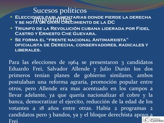 Elecciones parlamentarias donde pierde la derecha y se nota un gran crecimiento de la DC Triunfo de la Revolución cubana liderada por Fidel Castro y Ernesto Che Guevara. Se forma el “frente nacional Antimarxista” oficialista de Derecha, conservadores, radicales y liberales. Sucesos políticos importantes Para las elecciones de 1964 se presentaron 3 candidatos Eduardo Frei, Salvador Allende y Julio Durán los dos primeros tenían planes de gobierno similares, ambos postulaban una reforma agraria, promoción popular entre otros, pero Allende era mas acentuado en los campos a llevar adelante, ya que quería nacionalizar el cobre y la banca, democratizar el ejercito, reducción de la edad de los votantes a 18 años entre otras. Había 2 programas 2 candidatos pero 3 bandos, ya y el bloque derechista apoyo a Frei 
