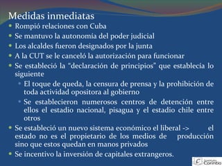 Rompió relaciones con Cuba Se mantuvo la autonomía del poder judicial  Los alcaldes fueron designados por la junta A la CUT se le canceló la autorización para funcionar Se estableció la “declaración de principios” que establecía lo siguiente El toque de queda, la censura de prensa y la prohibición de toda actividad opositora al gobierno Se establecieron numerosos centros de detención entre ellos el estadio nacional, pisagua y el estadio chile entre otros Se estableció un nuevo sistema económico el liberal ->  el estado no es el propietario de los medios de  producción sino que estos quedan en manos privados  Se incentivo la inversión de capitales extrangeros. Medidas inmediatas 