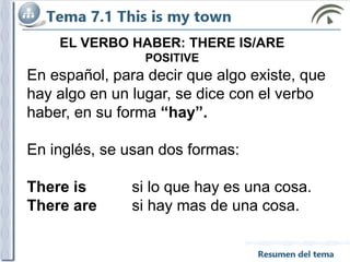 EL VERBO HABER: THERE IS/ARE
POSITIVE
En español, para decir que algo existe, que
hay algo en un lugar, se dice con el verbo
haber, en su forma “hay”.
En inglés, se usan dos formas:
There is si lo que hay es una cosa.
There are si hay mas de una cosa.
 