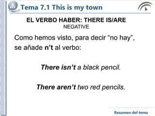 Como hemos visto, para decir “no hay”,
se añade n’t al verbo:
There isn’t a black pencil.
There aren’t two red pencils.
EL VERBO HABER: THERE IS/ARE
NEGATIVE
 