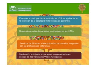 Promover la participación de instituciones públicas y privadas en
la extensión de la estrategia de la escuela de pacientes.
Desarrollo de aulas de pacientes y cuidadoras en las UGCs.
Servicios de 24 horas y telecontinuidad de cuidados integrados
con los profesionales referentes.
Planificación anticipada en pacientes con enfermedades
crónicas de las Voluntades Vitales Anticipadas.
 