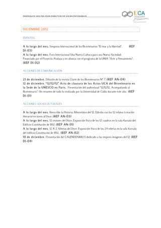 Despliegue 2012 del Plan Director de los Bicentenarios____________________________________

	
  

DICIEMBRE 2012

EVENTOS

A lo largo del mes. Simposio Internacional de los Bicentenarios “El mar y la libertad”.    (REF
DI-03)
A lo largo del mes. Foro Internacional Una Nueva Cultura para una Nueva Sociedad.
Financiado por el Proyecto Atalaya y en alianza con el programa de la UNIA “Arte y Pensamiento”.
(REF DI-02)

ACCIONES DE COMUNICACIÓN

21 de diciembre. Difusión de la revista Clarín de los Bicentenarios Nº 7. (REF AN-04)
12 de diciembre. “12/12/12” Acto de clausura de los Actos UCA del Bicentenario en
la Sede de la UNESCO en París. Presentación del audiovisual “12/12/12. Acompañando al
Bicentenario”. Un resumen de todo lo realizado por la Universidad de Cádiz durante este año. (REF
DI-01)

ACCIONES SOCIOCULTURALES

A lo largo del mes. Reescribe la Historia: Minirelatos del 12. Edición con los 12 relatos (creación
literaria) en torno al Doce. ( REF AN-03)
A lo largo del mes. 12 visiones del Doce. Exposición física de los 12 cuadros en la sala Kursala del
Edificio Constitución de 1812. (REF AN-01)
A lo largo del mes. 12 X 2. Viñetas del Doce. Exposición física de las 24 viñetas en la sala Kursala
del edificio Constitución de 1812. (REF AN-02)
10 de diciembre. Presentación del CALENDOSMIL13 dedicado a las mejores imágenes del 12. (REF
DI-04)
 