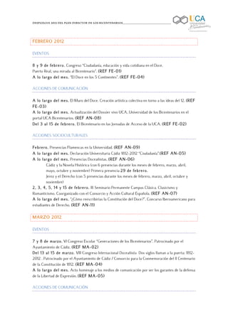 Despliegue 2012 del Plan Director de los Bicentenarios____________________________________

	
  

FEBRERO 2012

EVENTOS

8 y 9 de febrero. Congreso “Ciudadanía, educación y vida cotidiana en el Doce.
Puerto Real, una mirada al Bicentenario”. (REF FE-01)
A lo largo del mes. “El Doce en los 5 Continentes”. (REF FE-04)

ACCIONES DE COMUNICACIÓN

A lo largo del mes. El Muro del Doce. Creación artística colectiva en torno a las ideas del 12. (REF
FE-03)
A lo largo del mes. Actualización del Dossier vivo UCA, Universidad de los Bicentenarios en el
portal UCA Bicentenarios. (REF AN-08)
Del 3 al 15 de febrero. El Bicentenario en las Jornadas de Acceso de la UCA. (REF FE-02)

ACCIONES SOCIOCULTURALES

Febrero. Presencias Flamencas en la Universidad. (REF AN-09)
A lo largo del mes. Declaración Universitaria Cádiz 1812-2012 “Ciudadanía”.(REF AN-05)
A lo largo del mes. Presencias Doceañistas. (REF AN-06)
        Cádiz y la Novela Histórica (con 6 presencias durante los meses de febrero, marzo, abril,
        mayo, octubre y noviembre) Primera presencia 29 de febrero.
        Jerez y el Derecho (con 5 presencias durante los meses de febrero, marzo, abril, octubre y
        noviembre)
2, 3, 4, 5, 14 y 15 de febrero. III Seminario Permanente Campus Clásica. Clasicismo y
Romanticismo. Coorganizado con el Consorcio y Acción Cultural Española. (REF AN-07)
A lo largo del mes. “¿Cómo reescribirías la Constitución del Doce?”. Concurso Iberoamericano para
estudiantes de Derecho. (REF AN-11)

MARZO 2012

EVENTOS

7 y 8 de marzo. VI Congreso Escolar “Generaciones de los Bicentenarios”. Patrocinado por el
Ayuntamiento de Cádiz. (REF M A-02)
Del 13 al 15 de marzo. VIII Congreso Internacional Doceañista Dos siglos llaman a la puerta: 1812-
2012 . Patrocinado por el Ayuntamiento de Cádiz / Consorcio para la Conmemoración del II Centenario
de la Constitución de 1812. (REF M A-04)
A lo largo del mes. Acto homenaje a los medios de comunicación por ser los garantes de la defensa
de la Libertad de Expresión. (REF M A-05)

ACCIONES DE COMUNICACIÓN
 