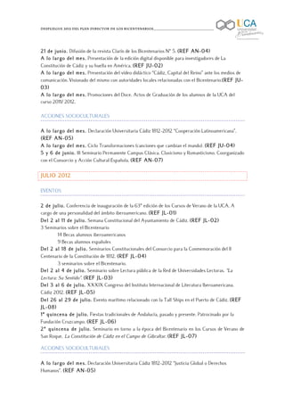 Despliegue 2012 del Plan Director de los Bicentenarios____________________________________

	
  

21 de junio. Difusión de la revista Clarín de los Bicentenarios Nº 5. (REF AN-04)
A lo largo del mes. Presentación de la edición digital disponible para investigadores de La
Constitución de Cádiz y su huella en América. (REF JU-02)
A lo largo del mes. Presentación del vídeo didáctico “Cádiz, Capital del Reino” ante los medios de
comunicación. Visionado del mismo con autoridades locales relacionadas con el Bicentenario.(REF JU-
03)
A lo largo del mes. Promociones del Doce. Actos de Graduación de los alumnos de la UCA del
curso 2011/ 2012.

ACCIONES SOCIOCULTURALES

A lo largo del mes. Declaración Universitaria Cádiz 1812-2012 “Cooperación Latinoamericana”.
(REF AN-05)
A lo largo del mes. Ciclo Transformaciones (canciones que cambian el mundo). (REF JU-04)
5 y 6 de junio. III Seminario Permanente Campus Clásica. Clasicismo y Romanticismo. Coorganizado
con el Consorcio y Acción Cultural Española. (REF AN-07)

JULIO 2012

EVENTOS

2 de julio. Conferencia de inauguración de la 63ª edición de los Cursos de Verano de la UCA. A
cargo de una personalidad del ámbito iberoamericano. (REF JL-01)
Del 2 al 11 de julio. Semana Constitucional del Ayuntamiento de Cádiz. (REF JL-02)
3 Seminarios sobre el Bicentenario
         14 Becas alumnos iberoamericanos
         9 Becas alumnos españoles
Del 2 al 18 de julio. Seminarios Constitucionales del Consorcio para la Conmemoración del II
Centenario de la Constitución de 1812. (REF JL-04)
         3 seminarios sobre el Bicentenario.
Del 2 al 4 de julio. Seminario sobre Lectura pública de la Red de Universidades Lectoras. “La
Lectura: Su Sentido”. (REF JL-03)
Del 3 al 6 de julio. XXXIX Congreso del Instituto Internacional de Literatura Iberoamericana.
Cádiz 2012. (REF JL-05)
Del 26 al 29 de julio. Evento marítimo relacionado con la Tall Ships en el Puerto de Cádiz. (REF
JL-08)
1ª quincena de julio. Fiestas tradicionales de Andalucía, pasado y presente. Patrocinado por la
Fundación Cruzcampo. (REF JL-06)
2ª quincena de julio. Seminario en torno a la época del Bicentenario en los Cursos de Verano de
San Roque. La Constitución de Cádiz en el Campo de Gibraltar. (REF JL-07)

ACCIONES SOCIOCULTURALES

A lo largo del mes. Declaración Universitaria Cádiz 1812-2012 “Justicia Global o Derechos
Humanos”. (REF AN-05)
 