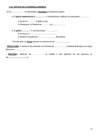 14
5- EL GÓTICO EN LAPENÍNSULAIBÉRICA
- En la ......................... se desarrollaron dos tipos de arquitectura gótica:
a- El gótico septentrional o ...................  características: edificios con abundante ..................
 Se dio en .............., Castilla y León.
 Destacaron: la Catedral de .............. y la ..........................
b- El gótico ................  con decoración .......................
 Se dio en la ....................................................
 Destacó la basílica de .................................. (Barcelona)
* Por otro lado, en Aragón abundó la construcción de ...............................
- ESCULTURA  destacan las presentes en la Puerta del ........................ (Catedral de Burgos) y la Virgen
Blanca de ......................
- PINTURA destacan las ...................... en Castilla y León (ejemplo: las que aparecen en
las.......................................)
 