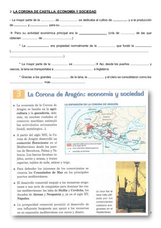 7
2- LA CORONA DE CASTILLA: ECONOMÍA Y SOCIEDAD
- La mayor parte de la ................. de ...................... se dedicaba al cultivo de .................. y a la producción
de ................ y ...................... para su ...........................
 Pero su actividad económica principal era la .................................. (cría de ................, de las que
obtenían ................... de ....................................)
* La ........................... era propiedad normalmente de la ..................... que fundó la ....................
(..........................................................................................................................................................................
..................................................................)
* La mayor parte de la .................... se ........................... Así, desde los puertos ....................... y
vascos, la lana se transportaba a ............................................... e Inglaterra.
* Gracias a los grandes ..................... de la lana, la .................... y el clero se consolidaron como los
......................................... más ..........................................
 