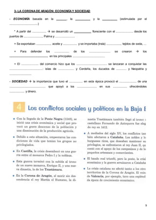 9
3- LA CORONADE ARAGÓN: ECONOMÍAY SOCIEDAD
- ECONOMÍA basada en la ............., la ................... y la ................... (estimulada por el
....................................)
* A partir del ..................  se desarrolló un ...................... floreciente con el ...................... desde los
puertos de ......................., Palma y .........................
+ Se exportaban .................., aceite y .................. y se importaba (traía) .................., tejidos de seda, …
+ Para defender los ................... de los ........................... se crearon  los
................................................. en los principales .........................................
+ El ...................... del comercio hizo que los ....................................... se lanzaran a conquistar las
..........................................: islas de .................... y Cerdeña, los ducados de ............. y Neopatria y
............................
- SOCIEDAD  la importancia que tuvo el ................. en esta época provocó el ...................... de una
.............................................. que apoyó a los ......................... en sus .................. ofreciéndoles
................... y dinero.
 