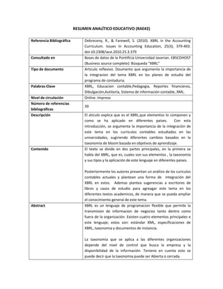 RESUMEN ANALÍTICO EDUCATIVO (RAE#2)
Referencia Bibliográfica Debreceny, R., & Farewell, S. (2010). XBRL in the Accounting
Curriculum. Issues In Accounting Education, 25(3), 379-403.
doi:10.2308/iace.2010.25.3.379
Consultado en Bases de datos de la Pontificia Universidad Javerian. EBSCOHOST
(Business source complete): Búsqueda “XBRL”
Tipo de documento Articulo reflexivo. Doumento que argumenta la importancia de
la integracion del tema XBRL en los planes de estudio del
programa de contaduria.
Palabras Clave XBRL, Educacion contable,Pedagogia, Reportes financieros,
Dibulgación,Autitoría, Sistema de información contable, XML.
Nivel de circulación Online. Impreso
Número de referencias
bibliográficas
39
Descripción El aticulo explica que es el XBRL,que elementos lo componen y
como se ha aplicado en diferentes paises. Con esta
introducción, se argumenta la importancia de la integración de
este tema en los curriculos contables estudiados en las
universidades, sugiriendo diferentes cambios basados en la
taxonomía de bloom basada en objetivos de aprendizaje.
Contenido El texto se divide en dos partes principales, en la primera se
habla del XBRL, que es, cuales son sus elementos , la taxonomía
y sus tipos y la aplicación de este lenguaje en diferentes paises.
Posteriormente los autores presentan un análisis de los curiculos
contables actuales y plantean una forma de integración del
XBRL en estos. Ademas plantea sugerencias a escritores de
libros y casos de estudio para agreagar este tema en los
diferentes textos academicos, de manera que se pueda ampliar
el conocimiento general de este tema.
Abstract XBRL es un lenguaje de programacion flexible que permite la
transmision de informacion de negocios tanto dentro como
fuera de la organización. Existen cuatro elementos principales e
este lenguaje; estos son: estándar XML, especificaciones de
XBRL, taxonomia y documentos de instancia.
La taxonomia que se aplica a las diferentes organizaciones
depende del nivel de control que busca la empresa y la
disponibilidad de la información. Tenieno en cuenta esto se
puede decir que la taxonomia puede ser Abierta o cerrada.
 