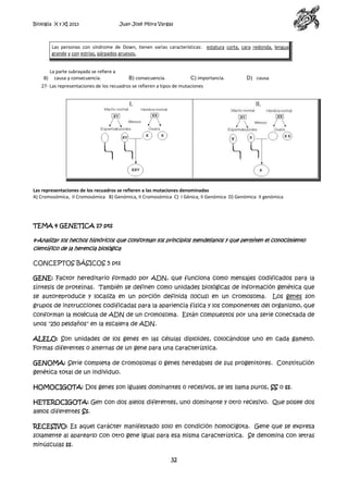 Biología X y XI 2013

Juan José Mora Vargas

Las personas con síndrome de Down, tienen varias características: estatura corta, cara redonda, lengua
grande y con estrías, párpados gruesos.

B)

La parte subrayada se refiere a
causa y consecuencia.

B) consecuencia.

C) importancia.

D) causa.

27- Las representaciones de los recuadros se refieren a tipos de mutaciones

I.

II.

Las representaciones de los recuadros se refieren a las mutaciones denominadas
A) Cromosómica, II Cromosómica B) Genómica, II Cromosómica C) I Génica, II Genómica D) Genómica II genómica

TEMA 4 GENETICA 17 pts
4-Analizar los hechos históricos que conforman los principios mendelianos y que permiten el conocimiento
científico de la herencia biológica

CONCEPTOS BÁSICOS 5 pts
GENE: Factor hereditario formado por ADN, que funciona como mensajes codificados para la
síntesis de proteínas. También se definen como unidades biológicas de información genética que
se autoreproduce y localiza en un porción definida (locus) en un cromosoma.

Los genes son

grupos de instrucciones codificadas para la apariencia física y los componentes del organismo, que
conforman la molécula de ADN de un cromosoma. Están compuestos por una serie conectada de
unos "250 peldaños" en la escalera de ADN.
ALELO: Son unidades de los genes en las células diploides, colocándose uno en cada gameto.
Formas diferentes o alternas de un gene para una característica.
GENOMA: Serie completa de cromosomas o genes heredables de sus progenitores. Constitución
genética total de un individuo.
HOMOCIGOTA: Dos genes son iguales dominantes o recesivos, se les llama puros, SS o ss.
HETEROCIGOTA: Gen con dos alelos diferentes, uno dominante y otro recesivo. Que posee dos
alelos diferentes Ss.
RECESIVO: Es aquel carácter manifestado solo en condición homocigota. Gene que se expresa
solamente al aparearlo con otro gene igual para esa misma característica. Se denomina con letras
minúsculas ss.

32

 