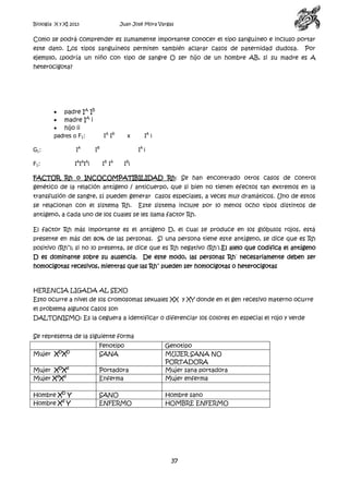 Biología X y XI 2013

Juan José Mora Vargas

Como se podrá comprender es sumamente importante conocer el tipo sanguíneo e incluso portar
este dato. Los tipos sanguíneos permiten también aclarar casos de paternidad dudosa.

Por

ejemplo, ¿podría un niño con tipo de sangre O ser hijo de un hombre AB, si su madre es A
heterocigota?

padre IA IB
madre IA i
hijo ii
padres o F1:
G1:

IA

F1:

IAIAIAi

I A IB

x

IB

IA i
IA i

IB I A

IB i

FACTOR Rh o INCOCOMPATIBILIDAD Rh: Se han encontrado otros casos de control
genético de la relación antígeno / anticuerpo, que si bien no tienen efectos tan extremos en la
transfusión de sangre, sí pueden generar casos especiales, a veces muy dramáticos. Uno de estos
se relacionan con el sistema Rh.

Este sistema incluye por lo menos ocho tipos distintos de

antígeno, a cada uno de los cuales se les llama factor Rh.
El factor Rh más importante es el antígeno D, el cual se produce en los glóbulos rojos, está
presente en más del 80% de las personas. Si una persona tiene este antígeno, se dice que es Rh
positivo (Rh+); si no lo presenta, se dice que es Rh negativo (Rh-).El alelo que codifica el antígeno
D es dominante sobre su ausencia. De este modo, las personas Rh - necesariamente deben ser
homocigotas recesivos, mientras que las Rh+ pueden ser homocigotas o heterocigotas

HERENCIA LIGADA AL SEXO
Esto ocurre a nivel de los cromosomas sexuales XX y XY donde en el gen recesivo materno ocurre
el problema algunos casos son
DALTONISMO: Es la ceguera a identificar o diferenciar los colores en especial el rojo y verde
Se representa de la siguiente forma
Mujer XDXD

Fenotipo
SANA

Mujer XDXd
Mujer XdXd

Portadora
Enferma

Genotipo
MUJER SANA NO
PORTADORA
Mujer sana portadora
Mujer enferma

Hombre XD Y
Hombre Xd Y

SANO
ENFERMO

Hombre sano
HOMBRE ENFERMO

37

 