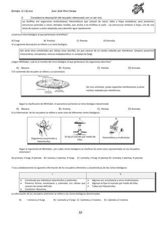 Biología X y XI 2013

3-

Juan José Mora Vargas

Considere la descripción del recuadro relacionado con un ser vivo.

Las briófitas son organismos multicelulares, fotosintéticos que carecen de raíces, tallos y hojas verdaderas, pero presentan
estructuras parecidas a raíces, llamadas rizoides, que anclan a las briófitas al suelo. Las estructuras similares a hojas, son de una
célula de espesor y están adaptadas para absorber agua rápidamente.
¿Cuál es el reino biológico al que pertenecen la briófitas?
A) Fungi.

B) Protista.

C) Plantae.

D) Animalia.

4-La siguiente descripción se refiere a un reino biológico.
Son seres vivos constituidos por células vivas sencillas, los que carecen de un núcleo rodeado por membrana, tampoco presentan
mitocondrias, cloroplastos, retículo endoplasmático ni complejo de Golgi.
¿Según Whittaker, cuál es el nombre del reino biológico al que pertenecen los organismos descritos?
A)

Monera.

B) Protista.

C) Plantae.

D) Animalia.

5-El contenido del recuadro se refiere a un paramecio.

Ser vivo unicelular, posee organelas membranosas y varios
núcleos rodeados por membranas.

Según la clasificación de Whittaker, el paramecio pertenece al reino biológico denominado
A)

Monera.

B) Protista.

C) Plantae.

D) Animalia.

6-La información de los recuadros se refiere a seres vivos de diferentes reinos biológicos:
I.

II.

Organismos eucariontes y
heterótrofos.

III.

Se fija al sustrato por medio de
hifas.

Fotosintético y multicelular.

Según la taxonomía de Whittaker, ¿en cuáles reinos biológicos se clasifican los seres vivos representados en los recuadros
anteriores?
A)I protista, II fungi, III plantae. B) I monera, II plantae, III fungi. C) I animalia, II fungi, III plantae.D) I animalia, II plantae, III plantae.

7-Lea cuidadosamente la siguiente información de los recuadros referentes a características de dos reinos biológicos:
I.




II.

Constituido por individuos heterótrofos y autótrofos.

Presenta formas unicelulares y coloniales con células que 
carecen de núcleo definido.

Contienen ribosomas.

Algunos son unicelulares y otros multicelulares.
Algunos se fijan al sustrato por medio de hifas.
Todos son heterótrofos.

La información de los recuadros anteriores se refiere a los reinos biológicos denominados
A)

I monera y II fungi.

B) I animalia y II fungi. C) I protista y II monera.

57

D) I plantae y II monera.

 