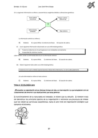 Biología X y XI 2013

Juan José Mora Vargas

14- La siguiente información se refiere a características congénitas debidas a alteraciones genéticas:

Surco palmar
transversal.

Pliegue cutáneo
sobre el ojo.

?
Deformidades
cardiácas.

Baja estatura.

La información anterior se refiere a

A)
15-

Diabetes

B) espina bífida. C) síndrome de Down.

D) luxación de cadera.

Lea la siguiente información relacionada con una enfermedad genética:
Trastorno endocrino en el cual la glucosa no se metaboliza normalmente.
Incapacidad de sintetizar insulina.

¿Qué nombre recibe la enfermedad descrita en la información anterior

B)
16)

Diabetes

B) espina bífida.

C) síndrome de Down.

D) luxación de cadera.

Dado el siguiente texto sobre una enfermedad genética.
Trastorno en el cual la médula espinal durante el desarrollo embrionario, no cierra adecuadamente.

¿A cuál enfermedad se refiere el texto anterior

C)

Diabetes

B) espina bífida.

C) síndrome de Down.

D) luxación de cadera.

Tema 8 ECOLOGÍA 6pts

14-Analizar la organización de las diversas formas de vida, su interrelación y la que establecen con los
componentes del entorno y las implicaciones que estas generan.
El funcionamiento de la naturaleza es complejo, lo mismo que su estudio. El hombre trata
de identificar los principios básicos de su organización y reconoce una jerarquía de niveles
que van desde las partículas subatómicas, hasta el alto nivel de organización biológico que
llamamos ecosistema.

67

 