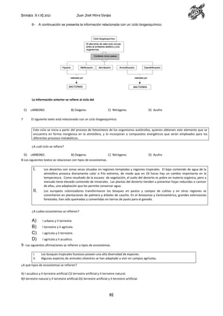 Biología X y XI 2013

6-

Juan José Mora Vargas

A continuación se presenta la información relacionada con un ciclo biogeoquímico:

Ciclo biogeoquímico
El elem
ento de este ciclo circula
entre el ambiente abiótico y los
organismos.
Contiene cinco pasos

Fijación

Nitrificación

A
similación

Amonificación

Desnitrificación

realizado por

realizado por

BACTERIAS

BACTERIAS

La información anterior se refiere al ciclo del
C)
7

cARBONO.

B) Oxígeno.

C) Nitrógeno.

D) Azufre

El siguiente texto está relacionado con un ciclo biogeoquímico.
Este ciclo se inicia a partir del proceso de fotosíntesis de los organismos autótrofos, quienes obtienen este elemento que se
encuentra en forma inorgánica en la atmósfera, y lo incorporan a compuestos energéticos que serán empleados para los
diferentes procesos metabólicos.
¿A cuál ciclo se refiere?
D)

cARBONO.

B) Oxígeno.

C) Nitrógeno.

D) Azufre

8-Los siguientes textos se relacionan con tipos de ecosistemas.

I.

Los desiertos son zonas secas situadas en regiones templadas y regiones tropicales. El bajo contenido de agua de la
atmósfera provoca diariamente calor o frío extremo, de modo que en 24 horas hay un cambio importante en la
temperatura. Como resultado de la escasez de vegetación, el suelo del desierto es pobre en materia orgánica, pero a
menudo tiene elevado contenido de minerales. Las plantas del desierto tienden a presentar hojas reducidas o carecer
de ellas, una adaptación que les permite conservar agua.

II.

Los europeos colonizadores transformaron los bosques en pastos y campos de cultivo y en otras regiones se
convirtieron en plantaciones de palmera y árboles de caucho. En el Amazonas y Centroamérica, grandes extensiones
forestales, han sido quemadas y convertidas en tierras de pasto para el ganado.

¿A cuáles ecosistemas se refieren?

A)
B)
C)
D)

I urbano y II terrestre.
I terrestre y II agrícola.
I agrícola y II terrestre.
I agrícola y II acuático.

9- Las siguientes afirmaciones se refieren a tipos de ecosistemas.
I.
II.

Los bosques tropicales lluviosos poseen una alta diversidad de especies.
Algunas especies de animales silvestres se han adaptado a vivir en campos agrícolas.

¿A qué tipos de ecosistemas se refieren?
A) I acuático y II terrestre artificial.C)I terrestre artificial y II terrestre natural.
B)I terrestre natural y II terrestre artificial.D)I terrestre artificial y II terrestre artificial.

81

 