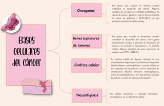 Oncogenes
Genes supresores
de tumores
Cinética celular
Neoantígenos
Son genes que, cuando se activan, pueden
contribuir al desarrollo del cáncer. Algunos
ejemplos de oncogenes son HER2 (amplificado en
cáncer de mama y gástrico y menos frecuentemente
en cáncer de pulmón) y BCR-ABL1 (un gen
quimérico presente en la leucemia).
Son genes que, cuando se desactivan, pueden
contribuir al desarrollo del cáncer. Estos genes
normalmente ayudan a prevenir la formación de
tumores al controlar el crecimiento y la división
celular. Algunos ejemplos de genes supresores de
tumores son TP53 y BRCA1.
La cinética celular de algunos cánceres es una
consideración importante en el diseño de esquemas
farmacológicos antineoplásicos y puede influir en
los esquemas de tratamiento y en los intervalos de
dosificación. Muchos fármacos antineoplásicos,
como las antimetabolitos, son más eficaces cuando
las células se están dividiendo activamente.
Las células cancerosas a menudo presentan
neoantígenos en su superficie celular.
 