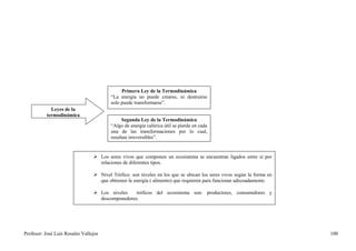 Primera Ley de la Termodinámica
                                         “La energía no puede crearse, ni destruirse
                                         solo puede transformarse”.
             Leyes de la
           termodinámica
                                              Segunda Ley de la Termodinámica
                                         “Algo de energía calórica útil se pierde en cada
                                         una de las transformaciones por lo cual,
                                         resultan irreversibles”.


                                  Los seres vivos que componen un ecosistema se encuentran ligados entre sí por
                                   relaciones de diferentes tipos.

                                  Nivel Trófico: son niveles en los que se ubican los seres vivos según la forma en
                                   que obtienen la energía ( alimento) que requieren para funcionar adecuadamente.

                                  Los niveles    tróficos del ecosistema son: productores, consumidores y
                                   descomponedores.




Profesor: José Luís Rosales Vallejos                                                                                   100
 