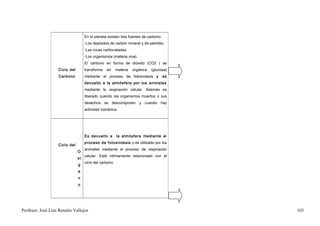 En el planeta existen tres fuentes de carbono:
                                    -Los depósitos de carbón mineral y de petróleo.
                                    -Las rocas carbonatadas.
                                    -Los organismos (materia viva).
                                    El carbono en forma de dióxido (CO2 ) se
                   Ciclo del        transforma   en      materia   orgánica   (glucosa)
                    Carbono         mediante el proceso de fotosíntesis y            es
                                    devuelto a la atmósfera por los animales
                                    mediante la respiración celular. Además es
                                    liberado cuando los organismos muertos o sus
                                    desechos se descomponen y cuando hay
                                    actividad volcánica.




                                    Es devuelto a        la atmósfera mediante el
                                    proceso de fotosíntesis y es utilizado por los
                   Ciclo del
                                    animales mediante el proceso de respiración
                               O
                                    celular. Está íntimamente relacionado con el
                               xí
                                    ciclo del carbono.
                               g
                               e
                               n
                               o




Profesor: José Luís Rosales Vallejos                                                      103
 