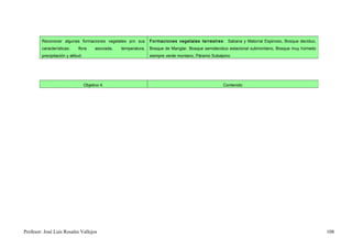 Reconocer algunas formaciones vegetales pro sus             Formaciones vegetales terrestres : Sabana y Matorral Espinoso, Bosque deciduo,
        características:     flora       asociada,   temperatura,   Bosque de Manglar, Bosque semideciduo estacional submontano, Bosque muy húmedo
        precipitación y altitud.                                    siempre verde montano, Páramo Subalpino




                                   Objetivo 4.                                                         Contenido




Profesor: José Luís Rosales Vallejos                                                                                                                 108
 