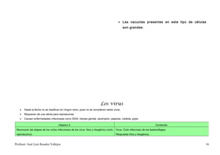  Las vacuolas presentes en este tipo de células
                                                                                                 son grandes.




                                                                            Los virus
      Hasta la fecha no se clasifican en ningún reino, pues no se consideran seres vivos.
      Requieren de una célula para reproducirse.
      Causan enfermedades infecciosas como SIDA, herpes genital, sarampión, paperas, rubéola, gripe.

                                      Objetivo 2.                                                                             Contenido
 Reconocer las etapas de los ciclos infecciosos de los virus: lítico y lisogénico (ciclo   Virus. Ciclo infeccioso de los bacteriófagos.
 reproductivo).                                                                            Respuesta lítica y lisogénica.


Profesor: José Luís Rosales Vallejos                                                                                                       16
 