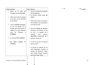 Fase luminosa                                 Fase Oscura                                  oxígeno
    Ocurre       en       la   parte   del      Ocurre en la parte del cloroplasto
       cloroplasto llamada tilacoide.              llamada estroma.
                                                 Es llamada también ciclo de
    Utiliza como fuente de energía                Calvin.
       la luz solar, que es absorbida
       por la clorofila.                         Utiliza como fuente de energía el
                                                   ATP y NADPH, que se produjeron
    Ocurre la fotólisis del agua,                 en la fase luminosa.
       ya que los fotones de la
       energía solar descomponen la              Se fija del dióxido de carbono
       molécula de agua, liberando                 (reducción del carbono), el cual
       iones     de        hidrógeno     y         se une a un       azúcar       de 5
       OXÍGENO.                                    carbonos       para          producir
                                                   GLUCOSA (Carbohidrato de 6
    Se produce ATP y NADPH.                       carbonos: C6 H12 O6.


    Se        libera       oxígeno     al       Al final del proceso de produce
       ambiente.                                   glucosa y agua.


                                                 La glucosa es utilizada por los
                                                   seres heterótrofos mediante el
                                                   proceso de respiración celular
                                                   para obtener energía necesaria
                                                   para los procesos vitales.



Profesor: José Luís Rosales Vallejos                                                                 25
 