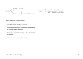 Luz solar     luminosa
Sustancias      Agua                                                   Sustancias que   Oxígeno (se produce en la fase luminosa)
Que utiliza                                                              produce        Glucosa (se produce en la fase oscura)
                                                                                        Agua     (se produce en la fase oscura)
                 Dióxido de carbono     se utiliza en la fase oscura




Importancia de la fotosíntesis:


 Libera gran cantidad de oxígeno al ambiente.


 Produce sustancias orgánicas (carbohidratos) para la obtención
    de energía en los seres heterótrofos.


 Transforma la energía solar en energía química, almacenada en
    los alimentos.


 Utiliza como materia prima el dióxido de carbono.




Profesor: José Luís Rosales Vallejos                                                                                               27
 