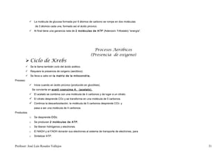  La molécula de glucosa formada por 6 átomos de carbono se rompe en dos moléculas
                    de 3 átomos cada una, formado así el ácido pirúvico.
               Al final tiene una ganancia neta de 2 moléculas de ATP (Adenosín Trifostato) “energía”.




                                                                    Procesos Aeróbicos
                                                                  (Presencia de oxígeno)
            Ciclo de Krebs
            Se le llama también ciclo del ácido acético.
            Requiere la presencia de oxígeno (aeróbico).
            Se lleva a cabo en la matriz de la mitocondria.
Proceso:
               Inicia cuando en ácido pirúvico (producido en glucólisis),
                  Se conviente en acetil coenzima A. (acetato).
               El acetato se combina con una molécula de 4 carbonos y da lugar a un citrato.
               El citrato desprende CO2 y se transforma en una molécula de 5 carbonos.
               Continúa la descarboxilación, la molécula de 5 carbonos desprende CO 2 y
                   pasa a ser una molécula de 4 carbonos.
Productos:
              o Se desprende CO 2.
              o    Se producen 2 moléculas de ATP.
              o    Se liberan hidrógenos y electrones.
              o    El NADH y el FADH donarán sus electrones al sistema de transporte de electrones, para
              o    Sintetizar ATP.


Profesor: José Luís Rosales Vallejos                                                                       31
 