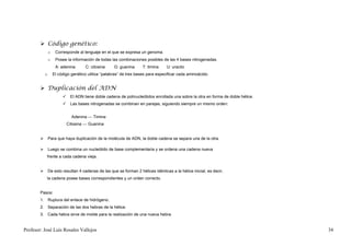  Código genético:
                o    Corresponde al lenguaje en el que se expresa un genoma.
                o    Posee la información de todas las combinaciones posibles de las 4 bases nitrogenadas.
                     A: adenina       C: citosina    G: guanina      T: timina    U: uracilo
            o       El código genético utiliza “palabras” de tres bases para especificar cada aminoácido.


         Duplicación del ADN
                          El ADN tiene doble cadena de polinucleótidos enrollada una sobre la otra en forma de doble hélice.
                          Las bases nitrogenadas se combinan en parejas, siguiendo siempre un mismo orden:


                              Adenina --- Timina
                           Citosina --- Guanina


               Para que haya duplicación de la molécula de ADN, la doble cadena se separa una de la otra.

               Luego se combina un nucleótido de base complementaria y se ordena una cadena nueva
            frente a cada cadena vieja.


               De esto resultan 4 cadenas de las que se forman 2 hélices idénticas a la hélice inicial, es decir,
            la cadena posee bases correspondientes y un orden correcto.


        Pasos:
        1. Ruptura del enlace de hidrógeno.
        2. Separación de las dos hebras de la hélice.
        3. Cada hebra sirve de molde para la realización de una nueva hebra.


Profesor: José Luís Rosales Vallejos                                                                                            34
 