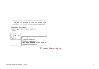 ¿Cuál   será   el   resultado   al   cruzar   dos   plantas   rojas
               heterocigota, si se presenta una dominancia incompleta?

       Si ambas son heterocigotos:
       R: rojo porque es el color que se manifiesta.
       r: blanco.

                  R      r
                 RR     Rr
       R
                                   Fenotipo:
           r      Rr     rr
                                   25% flores rojas. (RR)
                                   25% flores blancas (rr)
                                   50% flores rosadas (mezcla, porque es
                                   dominancia incompleta). (Rr)


                                                                     Grupos Sanguíneos




Profesor: José Luís Rosales Vallejos                                                     54
 