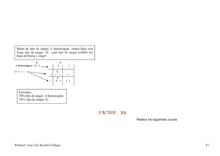 María de tipo de sangre A heterocigota tienen hijos con
 Jorge tipo de sangre O. ¿qué tipo de sangre tendrán los
 hijos de María y Jorge?.

                 A                      A
A heterocigota = I i                I         i

O = i i                             A
                               i   I i      i i
                                     A
                           i        I i     i i



   Genotipo:
   50% tipo de sangre A heterocigota
   50% tipo de sangre O.



                                                           FACTOR   Rh
                                                                         Realice los siguientes cruces




Profesor: José Luís Rosales Vallejos                                                                     57
 