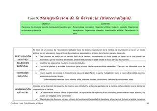 Tema 9: Manipulación de la herencia (Biotecnología).
                                      Objetivo 1.                                                              Contenido
            Reconocer los diversos tipos de manipulación genética por      Biotecnología (concepto). Selección artificial. Mutación inducida. Organismos
            su concepto y ejemplos.                                        transgénicos. Organismos clonados. Inseminación artificial. Fecundación in
                                                                           Vitro.




                         Es decir es un proceso de fecundación realizado fuera del sistema reproductor de la hembra, la fecundación se da en un medio
                         artificial (en un laboratorio), luego el óvulo fecundado es depositado en el útero de la hembra para su desarrollo.
    FERTILIZACIÓN            •   Este proceso se realiza en el período fértil de la hembra, normalmente un óvulo posee un lapso en el cual puede ser
       “IN VITRO”                fecundado, que no excede a doce horas. Durante ese período se debe extraer el óvulo para su fecundación
       SELECCIÓN             •   Modificar los organismos mediante cruces controladas.
      ARTIFICIAL             •   Cruces de plantas y animales domésticos para producir ciertas características deseables. Ejemplo: las diferentes razas de
                                 perros.
       MUTACIÓN              •   Ocurre cuando se produce la mutación por causa de algún factor o agente mutagénico: rayos x, rayos ultravioletas, gamma,
       INDUCIDA                  sustancias químicas, drogas.
                                        Enfermedades maternas como rubéola, sífilis, diabetes, tiroides, alcoholismo, deficiencia nutricionales, otras.


                         Consiste en la obtención del esperma del macho, para introducirlo en las vías genitales de la hembra, la fecundación ocurre dentro del
     INSEMINACIÓN        organismo de la hembra.
       ARTIFICIAL            •   La inseminación artificial ofrece la posibilidad de aprovechar el esperma de los animales genéticamente mejor dotados, los
                                 cuales son elegidos como sementales.
                             •   Además permite fecundar un gran número de hembras sin necesidad de desplazar a los machos. Incluso se puede conservar

Profesor: José Luís Rosales Vallejos                                                                                                                              60
 