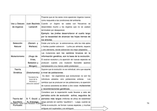 Propone que en los seres vivos aparecían órganos nuevos
                                  como respuesta a las condiciones del ambiente.
Uso y Desuso     Juan Bautista Cuando        un   órgano   se    usaba     con   frecuencia   se
 de órganos         LamarcK       desarrollaba mucho y los órganos que no se usaban
                                  terminaban por desaparecer.
                                  Ejemplo: las jirafas desarrollaron el cuello largo
                                  por la necesidad de alcanzar las hojas tiernas de
                                  los árboles.
  Selección        (Darwin y      Existe una lucha por la sobrevivencia, sólo los más aptos
   Natural          Wallace)      o fuertes pueden sobrevivir.    Lucha por alimento, espacio
                                  u otro elemento, donde sobreviven los mejor adaptados.
                                  Las mutaciones son los cambios bruscos en la
Mutacionismo       (Hugo de       información genética, son la base de la evolución.
                     Vries,       El avance evolutivo y la aparición de nuevas especies se
                   Bateston y     producen    cuando   una      mutación    favorable   aparece
                    Morgan)       reemplazando a su menos valido predecesor.
    Teoría                        Supone que la evolución no es individual, sino que ocurre
   Sintética     (Dobzhansky) a nivel de poblaciones .
                                      Es decir, los organismos que evolucionan no son los
                   “incorpora las
                     leyes de la    individuos aislados, sino poblaciones enteras.       Los
                     herencia y
                                    cambios que se producen en las poblaciones y la aparición
                 selección natural”
                                    de nuevos caracteres se deben a dos cosas: mutaciones
                                  y recombinaciones genéticas.
                                  Considera que la especiación suele llevarse a cabo en
                                  períodos corto de evolución            activa, seguidos de
  Teoría del     S. T. Gould y periodos más largos (millones de años) de estabilidad
  Equilibrio      N, Eldredge.    (largo periodo sin cambio “equilibrio”) . Luego, cuando se
Profesor: José Luís Rosales Vallejos                                                               70
  Puntuado                        reinita la evolución, se forman nuevas especies, y muchas
                                  antiguas son superadas y se extinguen.
 
