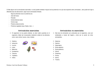 Si falta alguno de los aminoácidos esenciales, no será posible sintetizar ninguna de las proteínas en la que sea requerido dicho aminoácido , esto puede dar lugar a
diferentes tipos de desnutrición, según sea el aminoácido limitante.
         Algunos alimentos ricos en proteínas son:
    -    clara del huevo.
    -    Pescado
    -    Carnes blancas (aves)
    -    Carnes rojas.
    -    Proteína entera de leche.
    -    Proteínas vegetales (soya, frijoles, maíz…)



                         Aminoácidos esenciales                                                      Aminoácidos no esenciales
         El organismo no los puede sintetizar, es decir están ausentes en el           Este tipo de aminoácido son producidos por el organismo, unos son
           organismo, deben ser incorporados mediante la dieta en los alimentos            sintetizados a través del hígado y otros por la acción de otros
           como: carne, leche, huevos, maíz y frijoles.                                    aminoácidos.


         Histidina.                                                                    Alalanina.
         Isoleucina.                                                                   Arginina.
         Leucina                                                                       Asparragina.
         Lisina                                                                        Ácido aspártico.
         Metionina.                                                                    Ácido glutámico.
         Fenilalanina.                                                                 Glicina
         Treonina.                                                                     Glutamina
         Triptófano.                                                                   Prolina
         Valina.                                                                       Serina.
                                                                                        Tirosina.



Profesor: José Luís Rosales Vallejos                                                                                                                               9
 