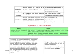 Interacción simbiótica en la que uno de los             Una rémora que se une temporalmente a la
                                        organismos se beneficia sin perjudicar al otro.         pared ventral del tiburón.
                      comensalism
                             o                                                                  Las orquídeas sobre los árboles.

                                        Es   la   interacción   donde   ambos      organismos   Alga y un hongo para formar un liquen.
                                        obtienen beneficios.
                       Mutualismo                                                               El tijo que se come las garrapatas al ganado.

                                        Interacción entre diferentes poblaciones de una         Piojos en la cabeza de un niño.
                                        comunidad, un parásito vive sobre o dentro de otro
                       Parasitismo                                                              Pulgas en los perros.
                                        organismo, del cual obtiene su alimento.
                                                                                                Garrapatas en el ganado.



                                                      Equilibrio de los Ecosistemas

                          Objetivo 1.                                                              Contenido
            Reconocer los niveles tróficos por su     Flujo de materia y energía. Primera y Segunda ley de la Termodinámica. Entropía, niveles
            concepto y ejemplos.                      tróficos: Productores (fotosintetizadotes y quimiosintetizadores).
                                                      Consumidor primario (herbívoro), consumidor secundario (carnívoro).           Descomponedores.
                                                      Cadenas y redes alimenticias. Pirámides.




          El ecosistema está constituido por todos los organismos de
          una comunidad (biótico) y factores no vivientes (abióticos),
          donde la energía que proviene del sol, pasa a través de los                           Entropía: Magnitud que determina el
          diferentes eslabones tróficos y se va disipando en forma de                           grado de desorden molecular que existe en
          calor, hasta que en el último nivel se disipa completamente.                          un sistema termodinámico.

           Los materiales orgánicos pasan de un eslabón a otro y al final                       La     entropía    son     transformaciones
           se reintegran al medio y se pueden convertir en nutrientes que                       irreversibles, ejemplo : envejecer.
           serán aprovechados por el eslabón inicial, nuevamente, para
Profesor: José Luís Rosales Vallejos                                                                                                                   99
           reincorporarlos y para que vuelvan a constituir la materia
           orgánica.
 