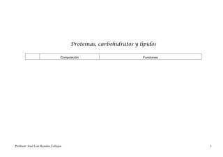 Proteínas, carbohidratos y lípidos

                                   Composición                       Funciones




Profesor: José Luís Rosales Vallejos                                             1
 