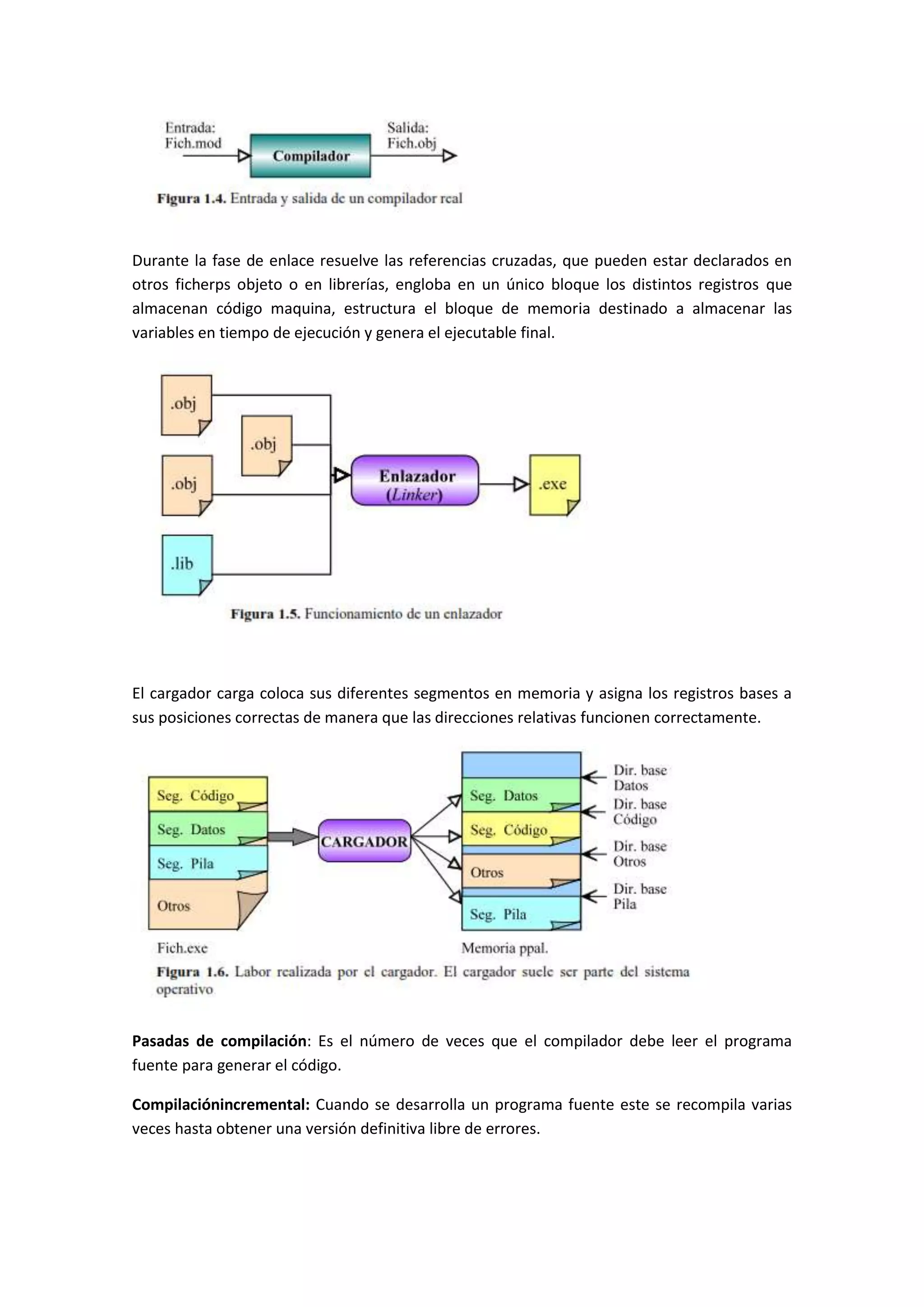 Durante la fase de enlace resuelve las referencias cruzadas, que pueden estar declarados en
otros ficherps objeto o en librerías, engloba en un único bloque los distintos registros que
almacenan código maquina, estructura el bloque de memoria destinado a almacenar las
variables en tiempo de ejecución y genera el ejecutable final.

El cargador carga coloca sus diferentes segmentos en memoria y asigna los registros bases a
sus posiciones correctas de manera que las direcciones relativas funcionen correctamente.

Pasadas de compilación: Es el número de veces que el compilador debe leer el programa
fuente para generar el código.
Compilaciónincremental: Cuando se desarrolla un programa fuente este se recompila varias
veces hasta obtener una versión definitiva libre de errores.

 