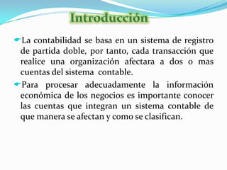 IntroducciónLa contabilidad se basa en un sistema de registro de partida doble, por tanto, cada transacción que realice una organización afectara a dos o mas cuentas del sistema  contable.