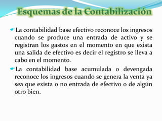 La contabilidad base acumulada o devengada reconoce los ingresos cuando se genera la venta ya sea que exista o no entrada de efectivo o de algún otro bien. La CuentaLas transacciones de negocios se clasifican en grupos de partidas similares llamadas cuentas.