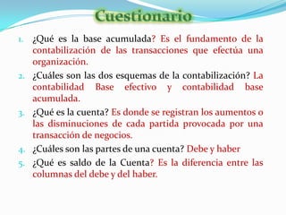 Cuando se hace una operación de venta se le agrega el porcentaje de impuesto sobre venta correspondiente al país o localidad que se trate.Cuestionario¿Qué es la base acumulada? Es el fundamento de la contabilización de las transacciones que efectúa una organización. ¿Cuáles son las dos esquemas de la contabilización? La contabilidad Base efectivo y contabilidad base acumulada.¿Qué es la cuenta? Es donde se registran los aumentos o las disminuciones de cada partida provocada por una transacción de negocios. ¿Cuáles son las partes de una cuenta? Debe y haber¿Qué es saldo de la Cuenta? Es la diferencia entre las columnas del debe y del haber.