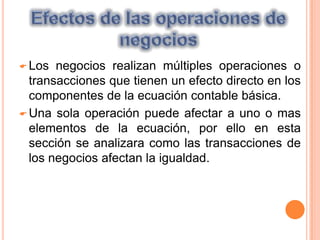 Las utilidades retenidas están integradas por las utilidades de periodos anteriores no repartidas mas la utilidad del periodo actual disminuida por los dividendos. Efectos de las operaciones de negociosLos negocios realizan múltiples operaciones o transacciones que tienen un efecto directo en los componentes de la ecuación contable básica.