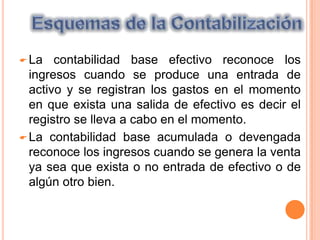 La contabilidad base acumulada o devengada reconoce los ingresos cuando se genera la venta ya sea que exista o no entrada de efectivo o de algún otro bien. La CuentaLas transacciones de negocios se clasifican en grupos de partidas similares llamadas cuentas.