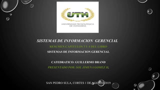 SISTEMAS DE INFORMACION GERENCIAL
RESUMEN CAPITULOS 3 Y 4 DEL LIBRO
SISTEMAS DE INFORMACION GERENCIAL
CATEDRATICO: GUILLERMO BRAND
PRESENTADO POR: SOL JIMENA GOMEZ H.
SAN PEDRO SULA, CORTES 1 DE AGOSTO 2019
 