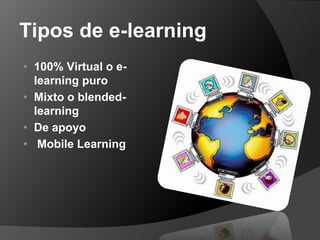 Tipos de e-learning
• 100% Virtual o e-
  learning puro
• Mixto o blended-
  learning
• De apoyo
• Mobile Learning
 