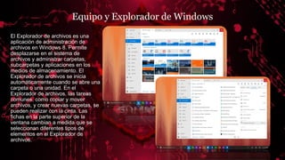 Equipo y Explorador de Windows
El Explorador de archivos es una
aplicación de administración de
archivos en Windows 8. Permite
desplazarse en el sistema de
archivos y administrar carpetas,
subcarpetas y aplicaciones en los
medios de almacenamiento. El
Explorador de archivos se inicia
automáticamente cuando se abre una
carpeta o una unidad. En el
Explorador de archivos, las tareas
comunes, como copiar y mover
archivos, y crear nuevas carpetas, se
pueden realizar con la cinta. Las
fichas en la parte superior de la
ventana cambian a medida que se
seleccionan diferentes tipos de
elementos en el Explorador de
archivos.
 