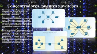 Concentradores, puentes y switches
El equipo utilizado para conectar
dispositivos dentro de una LAN
evolucionó de concentradores a
puentes y a switches.
Los concentradores Un
concentrador extiende el alcance de
una red porque regenera la señal
eléctrica. El concentrador también
se puede conectar a otro dispositivo
de red, como un switch o un router
conectado a otras secciones de la
red.
En la actualidad, los concentradores
no se utilizan con tanta frecuencia
debido a la eficacia y el bajo costo de
los switches. Los concentradores no
segmentan el tráfico de red. Cuando
un dispositivo envía el tráfico, el
concentrador desborda ese tráfico a
todos los otros dispositivos
conectados al concentrador.
 